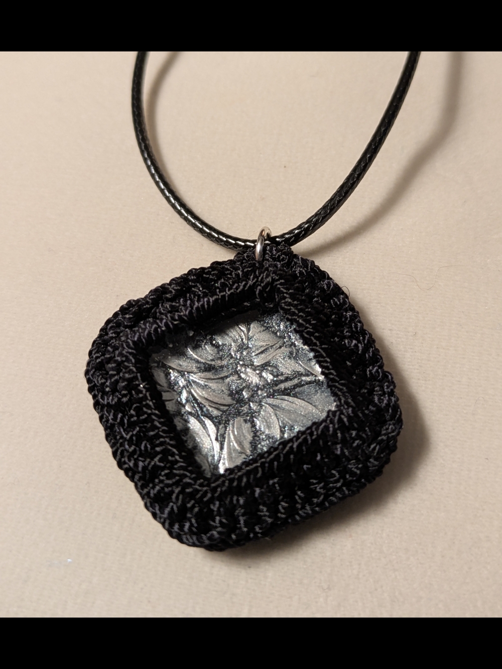 Black Crochet Square Glass Pendant Necklace with Silver Floral Inlay